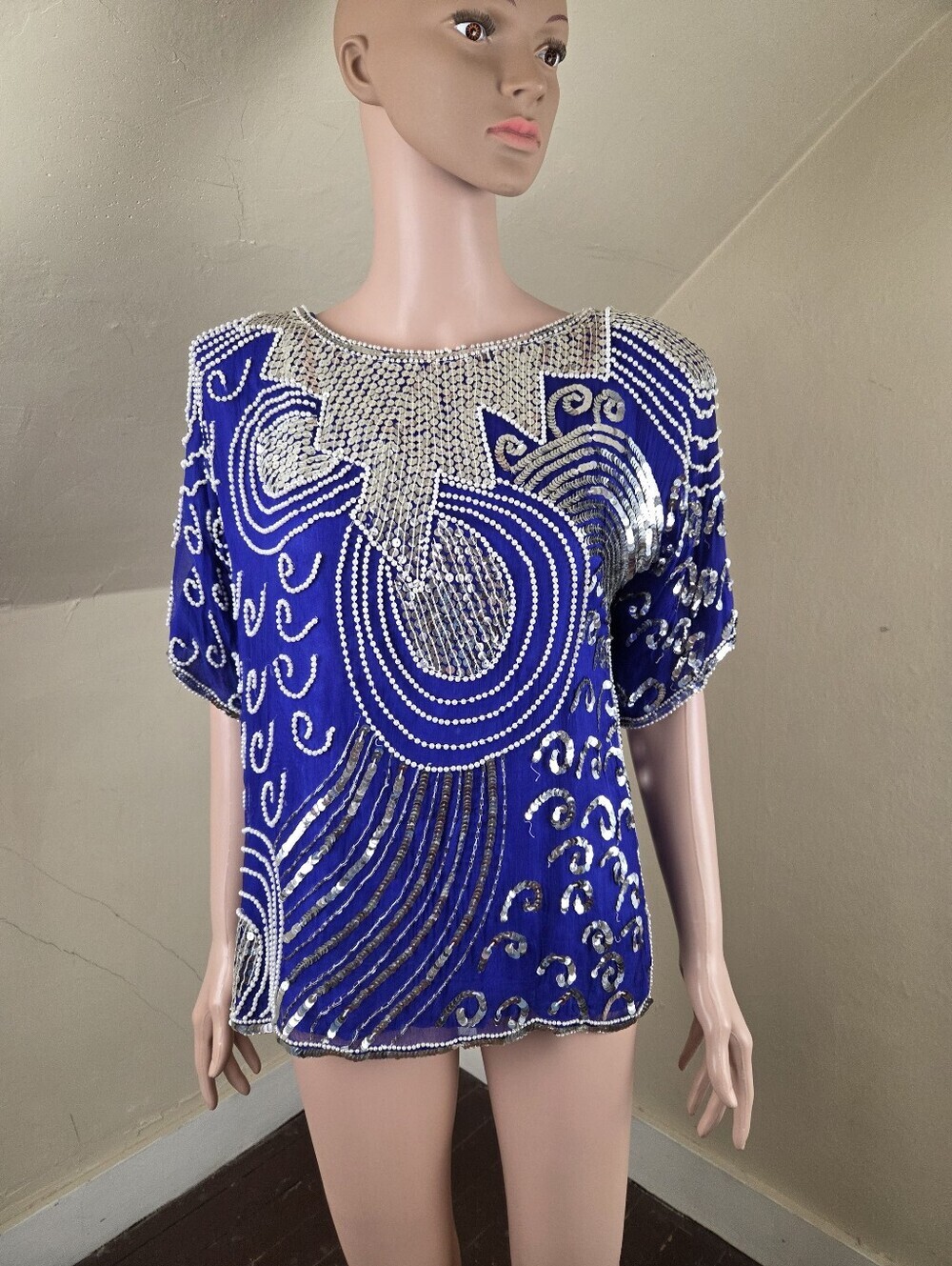 Vintage Sweelo 100% Silk Beaded Sequin Blouse Blue Silver Art Deco Top Size S